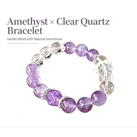 Natural Genuine Purple White Clear Quartz Beads Bracelet